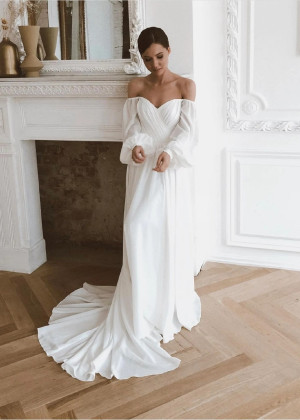 Off Shoulder Ivory Chiffon Pearl Buttons Back Wedding Dress